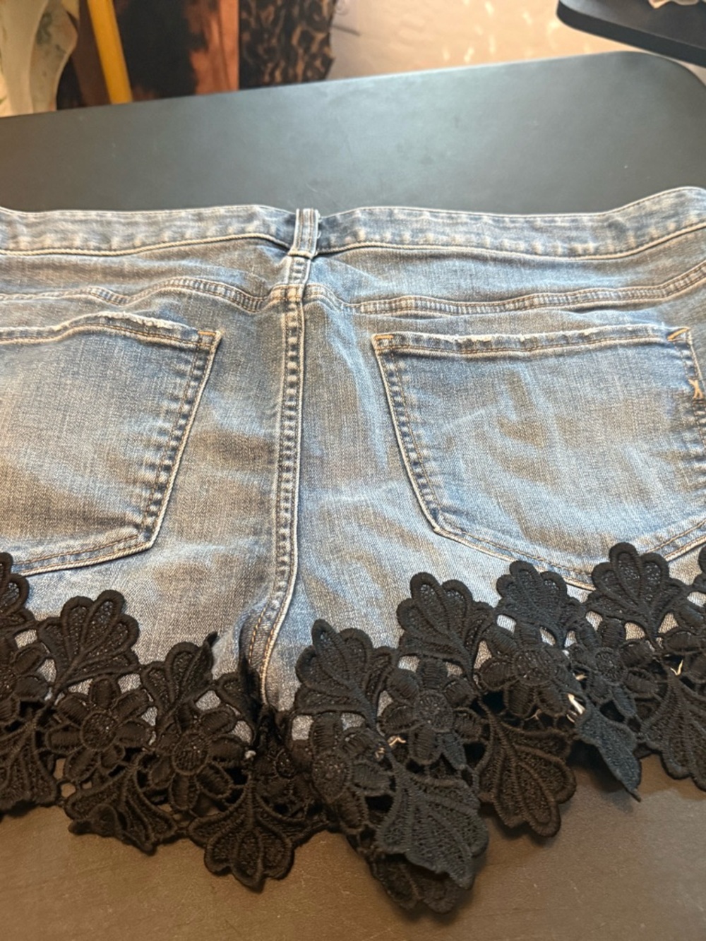 Denim Shorts with Black Floral Lace Trim